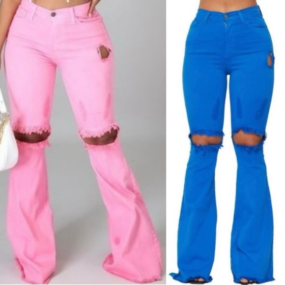 Flare Leg Jeans Ripped Frayed at bottom Stretchy quality denim stretch - Picture 2 of 8